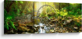 Obraz rzeki w zielonym lesie (z zegarem) (90x30 cm)