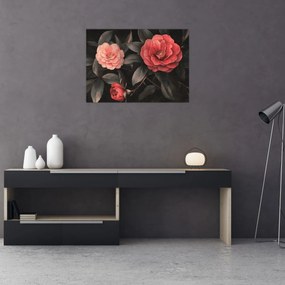 Obraz na szkle - Czerwone kwiaty na ciemnym tle (70x50 cm)
