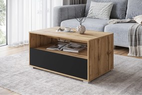 Nowoczesny stolik kawowy do salonu, prostokątny z półką i schowkiem, 90 cm, dąb wotan, czarny mat