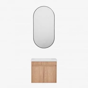 Zestaw Wiszących Mebli Łazienkowych Zintegrowany Z Umywalką Narek Popielaty Brąz & Owalna Osłona Led I Przeciwmgielna Czarny - Sklum