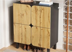 Szafa na buty 80x38,5x95 cm - z 4 drzwiami - Półki regulowane - Nogi z czarnego żelaza - Naturalny i czarny