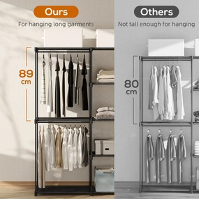 HOMCOM Przenośny stojak na ubrania, metalowy stelaż, półki z włókniny, dużo miejsca, czarny