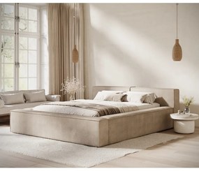 Beżowe tapicerowane łóżko dwuosobowe ze schowkiem ze stelażem 180x200 cm Voliera – Maison de Rêve