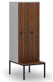 Drewniana szafa ubraniowa z ławką, 2-drzwiowa, 1871 x 600 x 500/800 mm, zamek RFID, szary/orzech