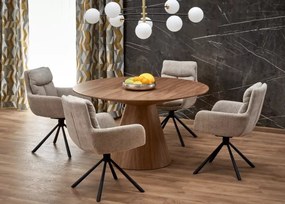 Stół Arondel 136 cm – elegancki okrągły stół w odcieniu orzechowym z okleiny naturalnej na stożkowej nodze