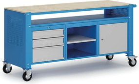 Mobilny stół warsztatowy G9, 2 półki, 1 szafka, 3 szuflady, 1690 x 595 x 865-1130 mm, szary/niebieski