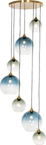 Lampa wisząca w stylu art deco mosiądz ze szklanym kloszem w kolorze niebieskim okrągła 7-światłowa - Sandra
