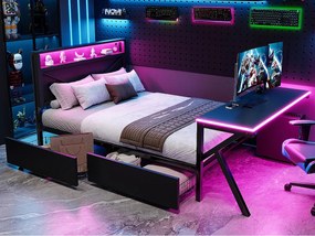 Podwójne łóżko metalowe 140x200cm - z wezgłowiem LED - 2 szuflady i biurko z oświetleniem LED - Czarny​ (Materac nie jest wliczony w cenę)