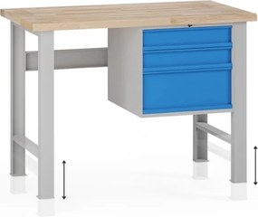 Stół warsztatowy z regulacją wysokości G7, blat bukowy, 1200 x 685 x 840-1040 mm, 1x kontener, 3x szuflada, niebieski