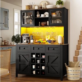 Nowoczesna komoda kuchenna - 120 x 40 x 170 cm - z diodami LED + USB + 4 drzwi + 3 szuflady + półki - MDF + szkło - czarna