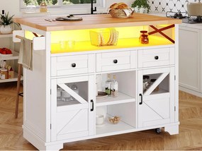 Mobilna centralna wyspa kuchenna - Blat rozsuwany - 120x71x98cm - z LED - 2 drzwi i 3 szuflady - otwarte półki - Biały