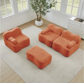 Canapé d'angle modulable en velours, avec pouf et coussin d'accoudoir, 288x167x70cm, Orange