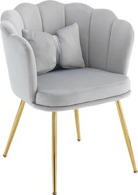 Aksamitne krzesło do jadalni z pikowanym oparciem w kształcie płatków i złotymi metalowymi nogami – szare