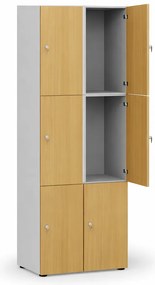 Drewniana szafka skrytkowa S4, 6 schowków, demontaż, zamek cylindryczny, szary/buk