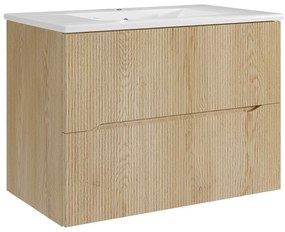 Podwieszana szafka łazienkowa prążkowana  z umywalką nablatową - Jasny naturalny - 80 cm - ORISO
