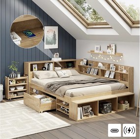 Łóżko dziecięce z pojemnikiem - 140 x 200 cm - z wysuwanymi szufladami nocnymi + półka - sklejka - naturalne