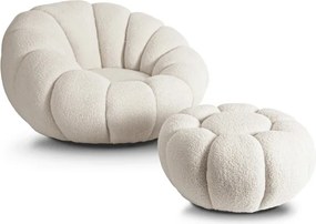Fotel Wypoczynkowy Obrotowy PETTIT Kremowy z Pufą w Tkaninie Teddy Boucle