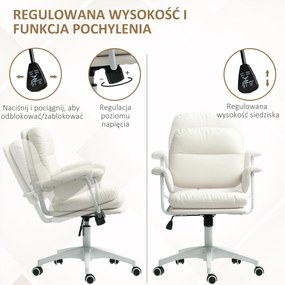 HOMCOM Regulowane krzesło biurowe z miękkimi poduszkami i pokryciem z ekoskóry, elastyczne kółka i funkcja przechylania, Biały