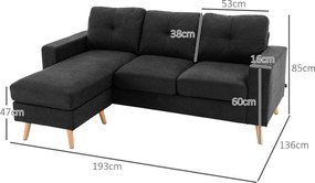 HOMCOM Narożnik L lniany styl Czarna kanapa 3-osobowa Komfortowa i stylowa Tapicerka tkaninowa 193x136x85 cm | Aosom PL