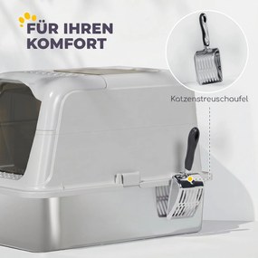 PawHut Kuweta dla kota z pokrywą, łopatka do żwirku, wejście z przodu i wyjście u góry, stal nierdzewna, do 8 kg | Aosom PL