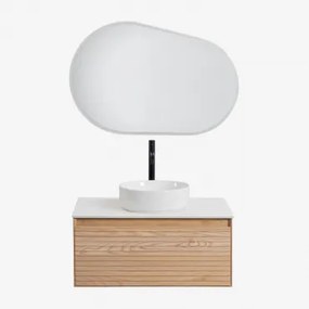 Zestaw Wiszących Mebli Łazienkowych Z Drewna Jesionowego Tedrik Popielaty Brąz & Okrągły Ceramiczny Biały Ø40 - Sklum