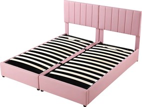 Łóżko z tapicerowanym zagłówkiem z lnu - 180x200cm - przekształcane w 2 pojedyncze łóżka - Różowe