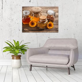 Obraz na szkle - Martwa natura z słoikami miodu (70x50 cm)