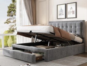 Łóżko tapicerowane 140x190cm z weluru - z szufladą i stelażem na listwy - Szare (bez materaca)