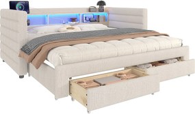 Sofa rozkładana 90x190 cm - z łóżkiem chowanym - z portami USB + Type-C - z 2 szufladami - listwa świetlna LED - beżowy (materac nie jest dołączony)