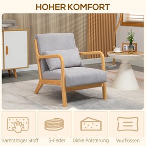 HOMCOM Elegancki Fotel Lounge z ramą drewnianą i tapicerką piankową, wygląd aksamitu, do salonu, sypialni, Szary