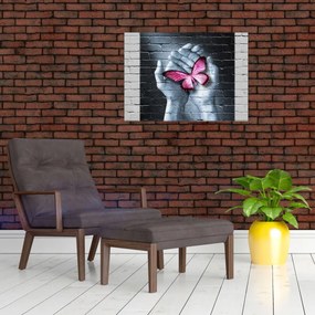 Obraz na szkle - Różowy motyl w ścianie (70x50 cm)