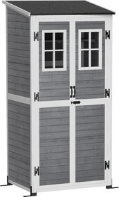 Outsunny Drewniany domek na narzędzia ogrodowe z 2 oknami, kotwami do gruntu, dachem z asfaltu, 91 x 69 x 192 cm, Sosna, Jasnoszary