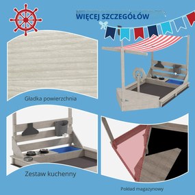 Outsunny Piaskownica Piracki Statek z Daszkiem i Zestawem Kuchennym dla Dzieci, Drewno, 180 x 103 x 144,5 cm, Szara