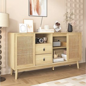 Kredens w jasnym naturalnym kolorze z 3 drzwiami rattanowymi i 2 szufladami do przechowywania - do salonu