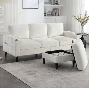 Beżowy narożnik - Sofa z podnóżkiem i schowkiem - szenil - uchwyt na kubek i schowek