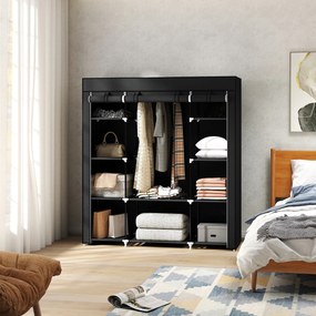 HOMCOM Szafa z włókniny Czarna Składana z 9 półkami i wieszakiem na ubrania 150x43x1625cm | Aosom PL