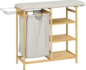 HOMCOM Segregator na pranie, multifunkcyjny, z deską do prasowania i workiem 57L, stelaż z bambusa, 113x34x82cm, naturalny/szary