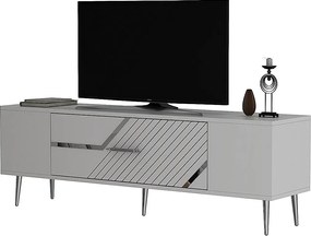 Szafka pod telewizor – 150 cm x 48,2 cm x 29,6 cm – biała i srebrna – płyta wiórowa pokryta melaminą