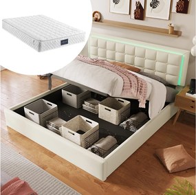 Łóżko z pojemnikiem 140x200 cm - Łóżko dla dorosłych z podświetlanym zagłówkiem LED - skóra biała - materac w komplecie