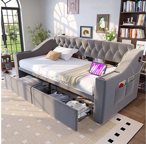 Sofa dziecięca tapicerowana z funkcją spania - 90 x 190 cm - z podłokietnikami ze schowkiem + port USB + 2 szuflady - welur - jasnoszary