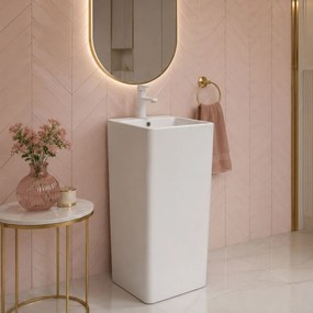 Umywalka ceramiczna wolnostojąca kwadratowa biała z półką i z otworem na baterię 40 cm KUBIK