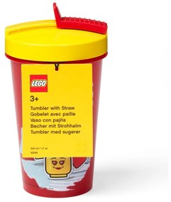 Czerwony kubek podróżny z żółtym wieczkiem i słomką LEGO® Iconic, 500 ml