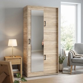 Masseno Garderoba BENVENO 100 cm, Modna Szafa z lustrem do Przedopokoju, Dąb sonoma