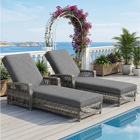 Leżak rattanowy (2 sztuki) - 2 x 192 x 70 x 58 cm - z regulowanym oparciem + zdejmowana poduszka - metal + tworzywo sztuczne - szary