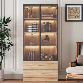 Witryna, kredens wysoki z 2 szufladami i 2 szklanymi drzwiami - 75 X 34,5 X 170 cm - drewno MDF - brązowy