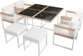 Zestaw jadalniany ogrodowy na 6 osób, stół ze szkła hartowanego, konstrukcja z żelaza ocynkowanego, 4 krzesła, 2 taborety, 1 stół, Biały