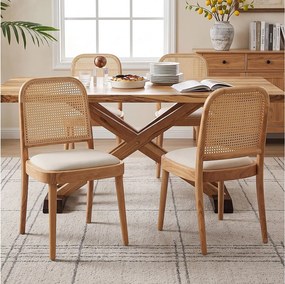 Zestaw 4 krzeseł do jadalni bez podłokietników z oparciami z rattanu - lite drewno, rattan i len - 52 x 45 x 84 cm - naturalne drewno