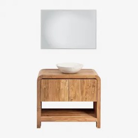 Zestaw Mebli Łazienkowych Z Drewna Vacry Akacja Brąz & Cement Okrągły Biały Ø40 Cm Zavion & Prostokątna Lampa Led I Przeciwmgielna 100x70 Cm Riben & B