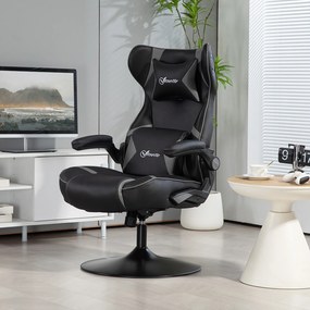 Vinsetto Ergonomiczny fotel gamingowy z funkcją kołysania i głośnikami, wsparcie lędźwiowe i na szyję, do pokoju gracza, sztuczna skóra, Szary+Czarny