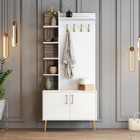 Wieszak z szafką na buty i półkami Viyana White and Gold
